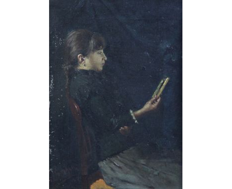 19th C. Spanish Schoolpair of oils on canvas,Portraits of a woman playing a guitar and a young lady reading,10 x 7.75in.