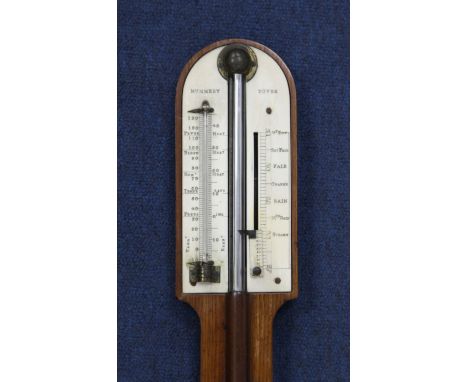 A late Victorian oak stick barometer, with ivory scale and thermometer, signed Mummery, Dover, 3ft