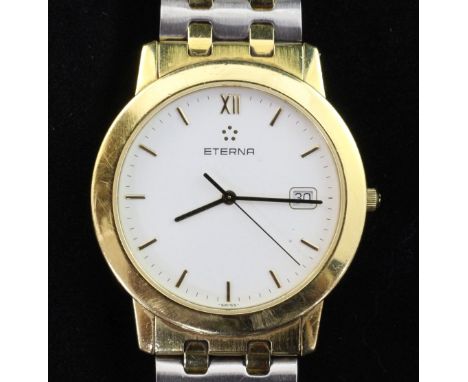 A gentleman's 18ct gold Eterna wrist watch, with baton numerals and date aperture, on Eterna steel and gold bracelet, togethe