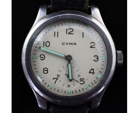 A gentleman's 1940's/1950's steel Cyma military wrist watch, with Arabic dial and subsidiary seconds, the case back inscribed