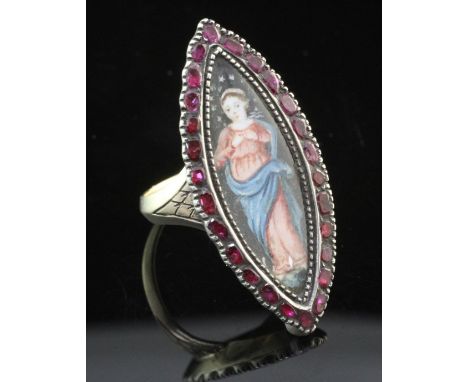 A 19th century gold and silver gem set navette shaped ring with painted panel of a lady, with engraved shoulders, size O.