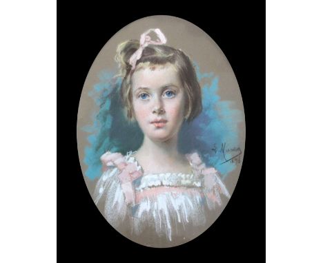 Louis Muraton (1850-1901)pastel on brown paper,Portrait of a young girl with ribbon in her hair,signed and dated 1898,oval, 1