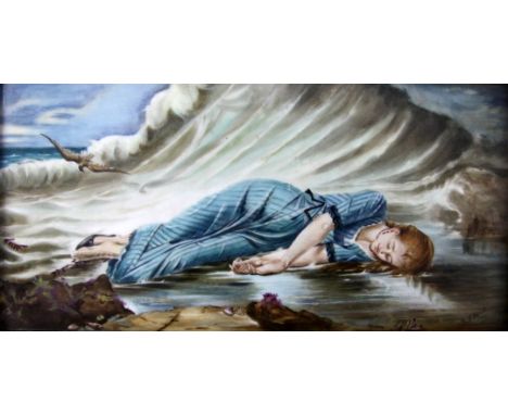 An English porcelain plaque, late 19th century, painted with a Victorian lady lying washed upon the shore, signed A.S. Spink,