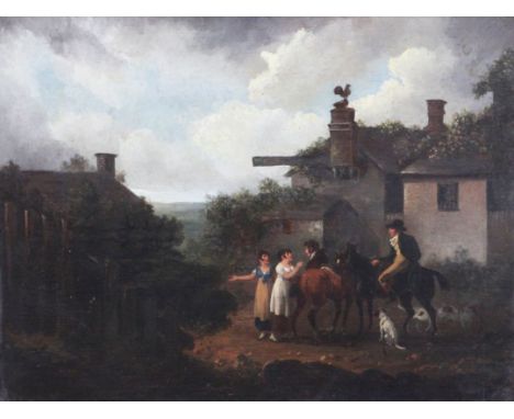 Julius Caesar Ibbetson (1759-1817)oil on wooden panel,Travellers beside an inn,11.5 x 14.75in.