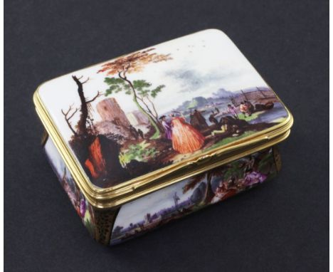 A Meissen gold mounted snuff box and cover, c.1760, finely painted to the interior and exterior of the cover, sides and base,