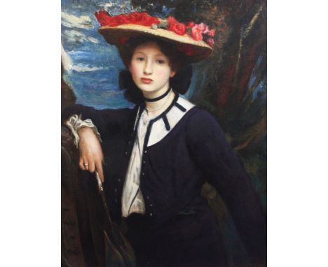 George Spencer Watson RA, ROI, RP (1869-1934)oil on canvas,Portrait of a lady holding a parasol, with roses in her hat,initia