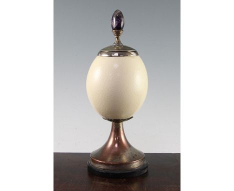 Anthony Redmile. An ostrich egg vase and cover, with plated mounts and blue john acorn finial, circular Redmile label to base