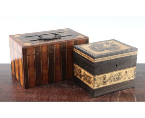 A Victorian Tunbridgeware tea caddy, decorated with floral tesserae mosaic inlays, with hinged top revealing a single lidded 