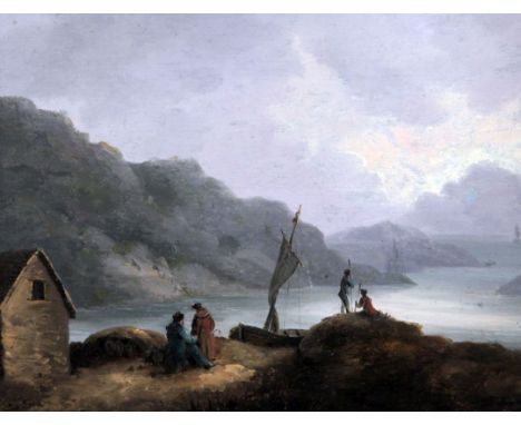 Attributed to James Baynes (1766-1837)oil on wooden panel,Smugglers on the shore,9.5 x 12.5in.