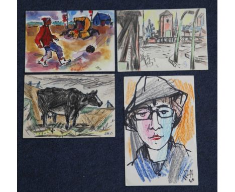 Willy Robert Huth (German, 1890-1977),ink and watercolour,four postcards, including a portrait of Ruth Huth and a boy with fo