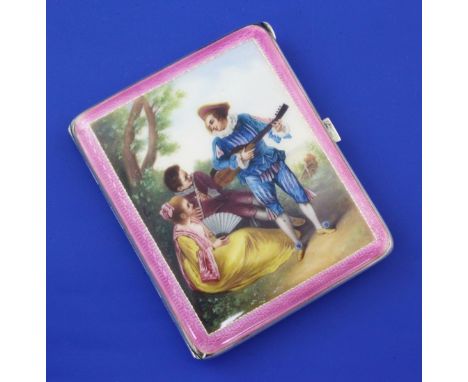 A mid 20th century German sterling silver and pink guilloche enamel cigarette case, decorated with scene of two musicians ser