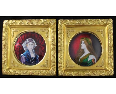 Pierre Bonnaud (1865-1930). A pair of Limoges enamel Art Nouveau circular portrait plaques, signed and dated 1904, depicting 