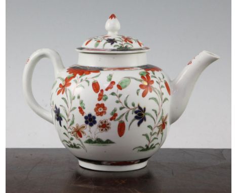 A Worcester globular teapot and cover, c.1768, painted with a Kempthorne type pattern, 16cm