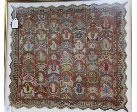 An Islamic embroidered silk panel, possibly Ottoman, Turkey, woven with a field of boteh shaped flowers, and repeating medall