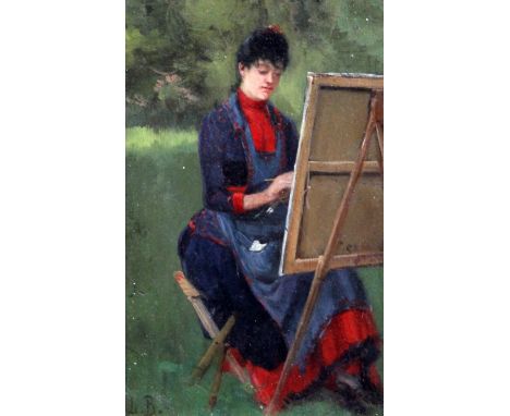 L.B. (19th C. French)oil on wooden panel,Lady artist working en plein air,initialled,9 x 5.75in.