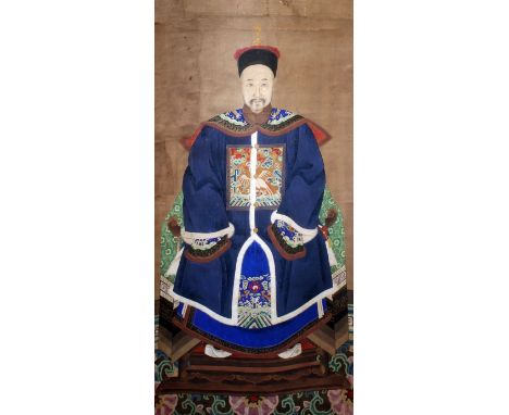 Two Chinese scroll paintings, Qing dynasty, the first of Lu Dongbin, wearing blue flowing robes and with a sword at his side,