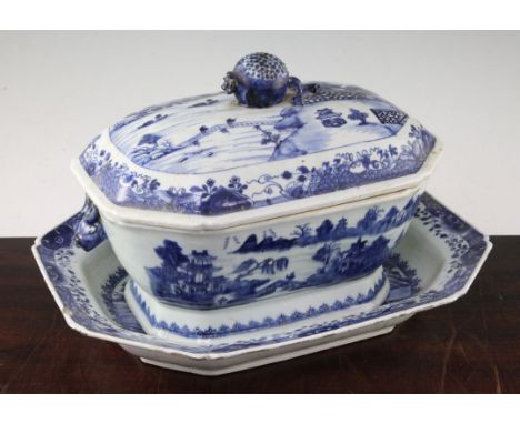 A Chinese export blue and white soup tureen, cover and stand, Qianlong period, each piece painted with figures in a river lan