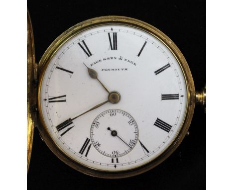 A late Victorian 18ct gold keyless lever hunter pocket watch by Page, Keen & Page, Plymouth, with Roman dial and subsidiary s