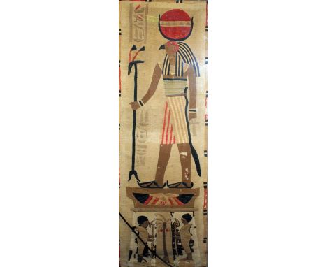 A 19th century rectangular applique work panel, on a woven ground depicting the Egyptian god, Horus, with hieroglyphics and o