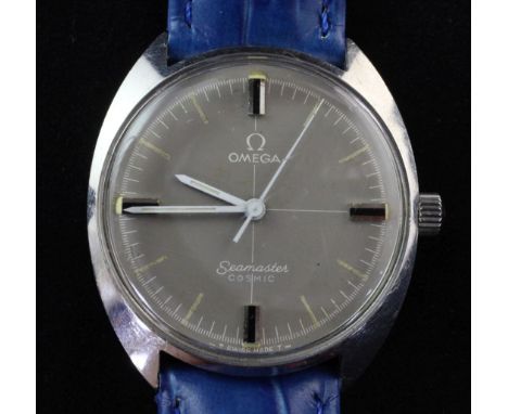 A 1960's/1970's stainless steel Omega Seamaster Cosmic manual wind wrist watch, with grey dial and quarterly baton markers, c
