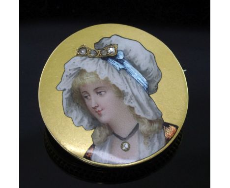 An early 20th century unmarked gold and enamel circular brooch, enamelled with the bust of a lady with inset rose cut diamond