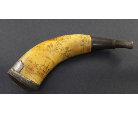 An American Revolution scrimshaw horn powder flask, decorated with a map of towns and forts along the Hudson River including 