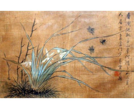 Two Chinese School paintings of insects and flowers on silk, early 20th century, both inscribed and with seal marks, 20 x 31c