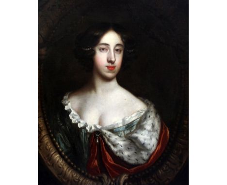 Follower of Michael Dahl (Swedish, 1659-1743)oil on canvas,Portrait of a lady in an ermine-trimmed robe,painted to the oval,3