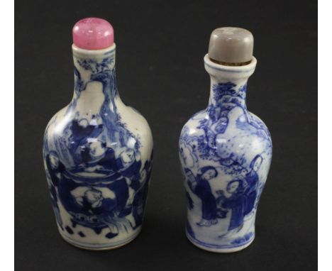 Two Chinese blue and white soft paste porcelain snuff bottles, 1820-1900, each with slight crackle to the glaze, the first fi