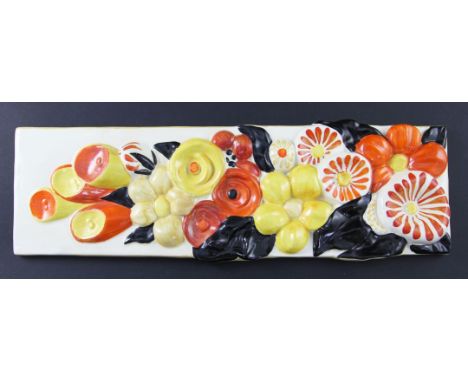 A Clarice Cliff Bizarre 'My Garden' pattern rectangular plaque, moulded in relief with flowers decorated in orange, yellow an