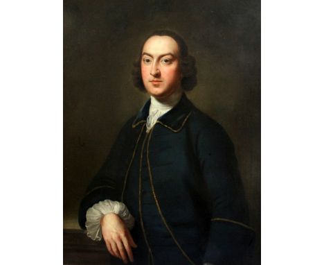 Follower of Richard Wilson (1714-1782)oil on canvas,Half-length portrait of a gentleman wearing a blue coat trimmed with gold
