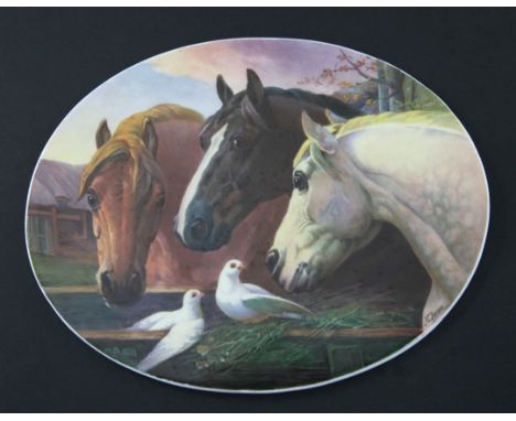 A large fine Minton oval porcelain plaque, painted with a study of horses with a dove, after J.F. Herring, signed, 24.5cm