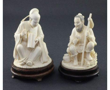 Two Chinese ivory seated figures, early 20th century, the first of a scholar holding a scroll and fan, 11cm, the second of a 