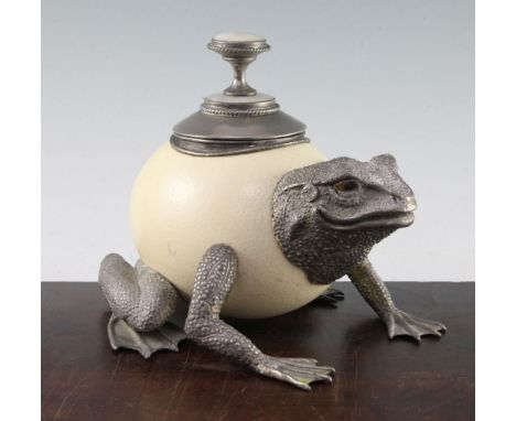 Manner of Anthony Redmile. An ostrich egg toad box and cover, with plated mounts, and mother of pearl finial, 7.5in.