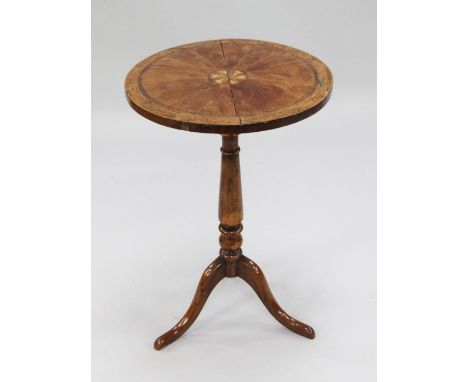 A 19th century yew wood tripod wine table, the circular top with central star inlay motif and pollard oak crossbanding, W.1ft