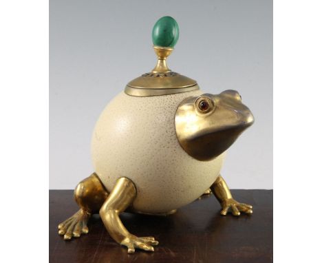 Anthony Redmile. An ostrich egg frog box and cover, with gilt metal mounts, glass eyes and malachite finial, unmarked, 8in.Fo