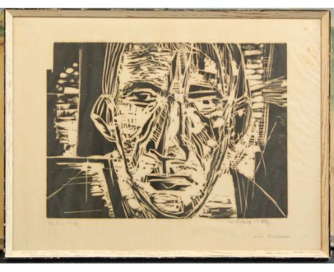 Willy Robert Huth (German, 1890-1977)linocut,portrait of a man, signed, inscribed 'No 3', dated 1959 and dedicated to 'Andrew