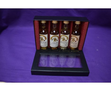 A Signatory Vintage Scotch Whisky Four Miniature Bottle set, Vintage 1974 Rosebank bottled 93, 341/1000, Vintage 1974 Dallas 