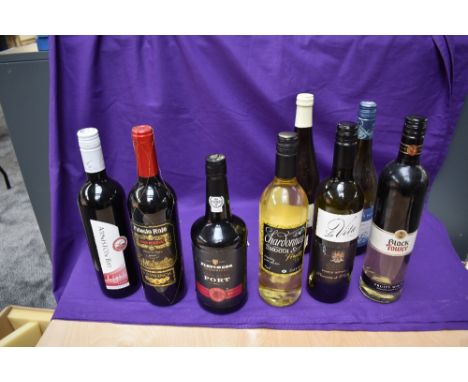 A bottle of Fletchers Fine Ruby Port, 75cl, along with seven bottles of White and Red Wines including Black Tower, Freemans B