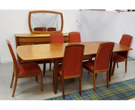 NATHAN TEAK DINING ROOM SUITE
comprising an extending shaped dining table standing on shaped supports, 246cm extended, togeth