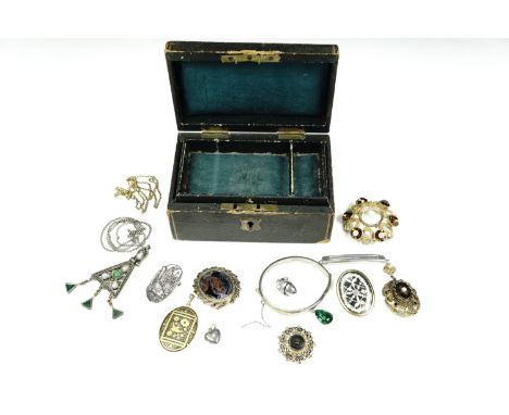 A Victorian small jewellery box containing sundry items of jewellery including a white metal acorn pendant, a silver hinged b