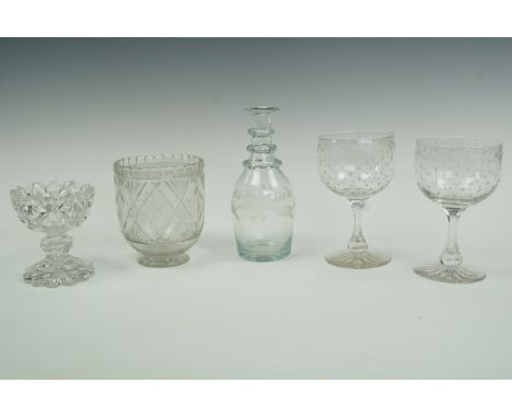 Georgian and later glass comprising an early 19th Century Newcastle decanter / cruet, a cut glass caddy tea mixing bowl, a Ge