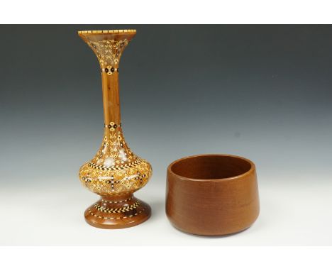 An Ambleside Turnery turned fruit bowl together with a mother of pearl inlaid thuya wood vase, vase 42 cm 