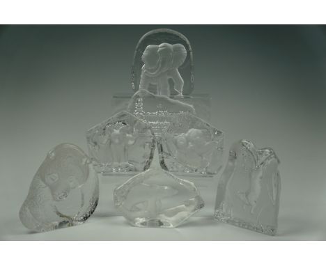 A Goebel intaglio fox cubs paperweight / ornament together with similar Kosta Boda and other paperweights etc