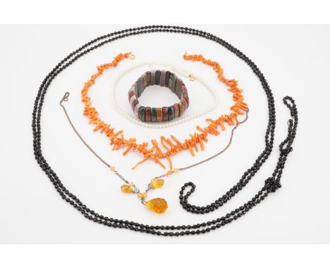 A Scottish style polished hard stone bracelet, together with fresh water pearl, branch coral, and faux jet 