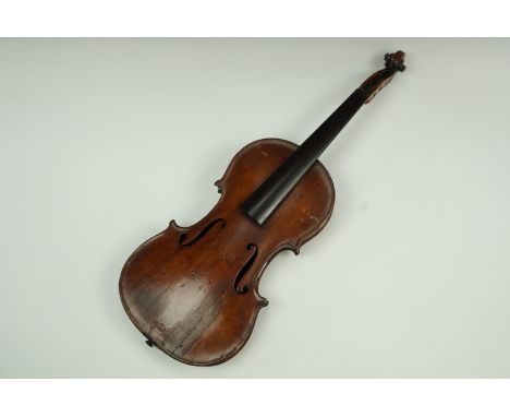 An antique violin, having a two-piece back, stamped with an initial L within a wreath and "Dresden", back 35.5 cm excluding b