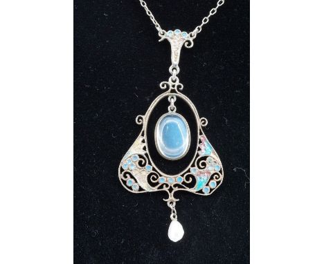 A Belle Epoque Art Nouveau enamelled white metal, faux moonstone and baroque pearl pendant necklace