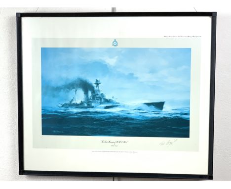 After Robert Taylor "The Last Moments of HMS Hood", first edition print signed by HMS Hood survivor Lieutenant Ted Biggs, MBE