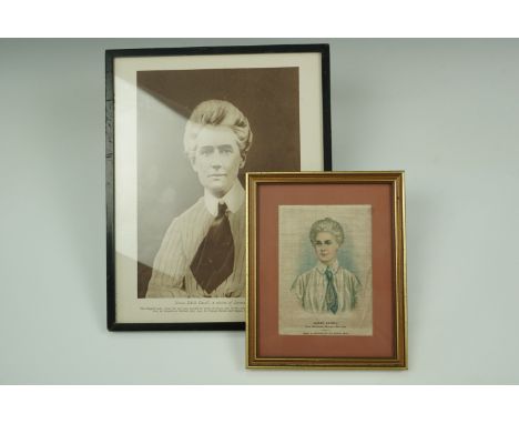 A Great War portrait photographic print and printed silk portrait of nurse Edith Cavell, former 31 cm x 25 cm