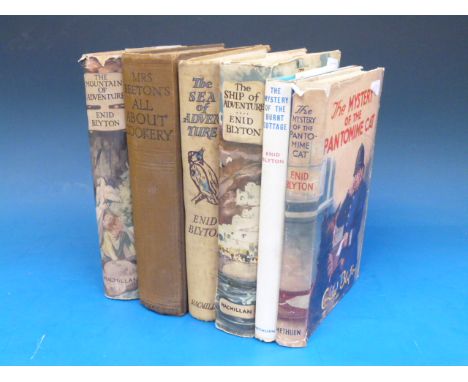 Five Enid Blyton hardback books, four with dust covers including first editions, together with an early copy of Mrs Beeton's 